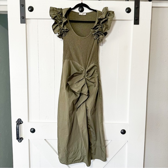 Ulla Johnson Isabella Combo Ruffle Midi Dress Olive Army Green Size P Small - Picture 5 of 11